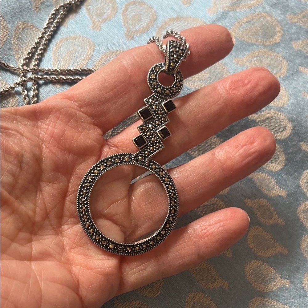 Sterling Silver Marcasite Circle Pendant Necklace - Silver